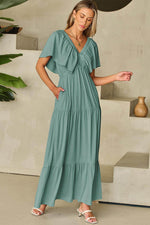 Load image into Gallery viewer, Green Textured V Neck Flutter Sleeve Ruffled Maxi Dress - Fashion Queen - 21