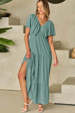 Load image into Gallery viewer, Green Textured V Neck Flutter Sleeve Ruffled Maxi Dress - Fashion Queen - 22