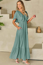 Load image into Gallery viewer, Green Textured V Neck Flutter Sleeve Ruffled Maxi Dress - Fashion Queen - 23