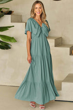 Load image into Gallery viewer, Green Textured V Neck Flutter Sleeve Ruffled Maxi Dress - Fashion Queen - 24