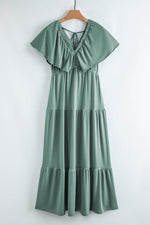 Load image into Gallery viewer, Green Textured V Neck Flutter Sleeve Ruffled Maxi Dress - Fashion Queen - 25