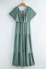 Load image into Gallery viewer, Green Textured V Neck Flutter Sleeve Ruffled Maxi Dress - Fashion Queen - 26