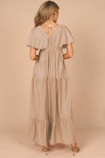 Load image into Gallery viewer, Green Textured V Neck Flutter Sleeve Ruffled Maxi Dress - Fashion Queen - 5