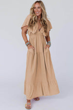 Load image into Gallery viewer, Green Textured V Neck Flutter Sleeve Ruffled Maxi Dress - Fashion Queen - 6