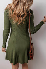 Load image into Gallery viewer, Guacamole Green Rib Knit Square Neck Buttoned Long Sleeve Mini Dress - Fashion Queen - 2