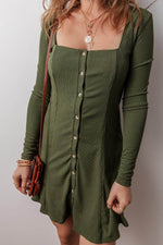 Load image into Gallery viewer, Guacamole Green Rib Knit Square Neck Buttoned Long Sleeve Mini Dress - Fashion Queen - 3