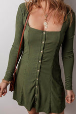 Load image into Gallery viewer, Guacamole Green Rib Knit Square Neck Buttoned Long Sleeve Mini Dress - Fashion Queen - 4
