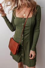 Load image into Gallery viewer, Guacamole Green Rib Knit Square Neck Buttoned Long Sleeve Mini Dress - Fashion Queen - 5
