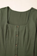 Load image into Gallery viewer, Guacamole Green Rib Knit Square Neck Buttoned Long Sleeve Mini Dress - Fashion Queen - 8