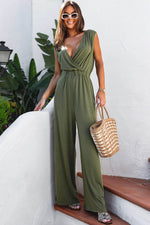 Load image into Gallery viewer, Jungle Green Deep V Pleated Crisscross Wide Leg Backless Jumpsuit - Fashion Queen - 1