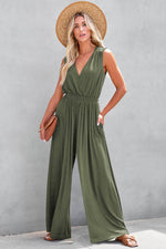 Load image into Gallery viewer, Jungle Green Deep V Pleated Crisscross Wide Leg Backless Jumpsuit - Fashion Queen - 13