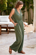Load image into Gallery viewer, Jungle Green Deep V Pleated Crisscross Wide Leg Backless Jumpsuit - Fashion Queen - 3