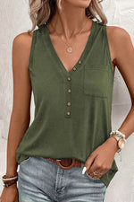 Load image into Gallery viewer, Jungle Green Half Button V Neck Patched Pocket Tank Top - Fashion Queen - 1