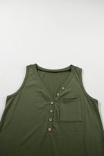 Load image into Gallery viewer, Jungle Green Half Button V Neck Patched Pocket Tank Top - Fashion Queen - 11