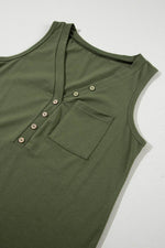 Load image into Gallery viewer, Jungle Green Half Button V Neck Patched Pocket Tank Top - Fashion Queen - 12