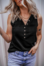 Load image into Gallery viewer, Jungle Green Half Button V Neck Patched Pocket Tank Top - Fashion Queen - 15