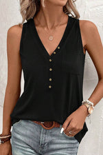 Load image into Gallery viewer, Jungle Green Half Button V Neck Patched Pocket Tank Top - Fashion Queen - 18