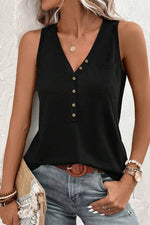Load image into Gallery viewer, Jungle Green Half Button V Neck Patched Pocket Tank Top - Fashion Queen - 20