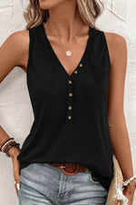 Load image into Gallery viewer, Jungle Green Half Button V Neck Patched Pocket Tank Top - Fashion Queen - 22