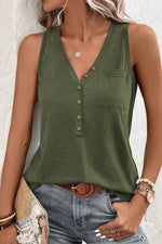 Load image into Gallery viewer, Jungle Green Half Button V Neck Patched Pocket Tank Top - Fashion Queen - 7