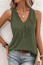 Load image into Gallery viewer, Jungle Green Half Button V Neck Patched Pocket Tank Top - Fashion Queen - 8