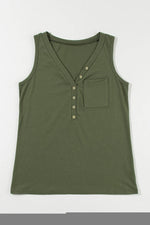 Load image into Gallery viewer, Jungle Green Half Button V Neck Patched Pocket Tank Top - Fashion Queen - 9