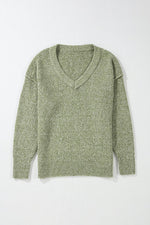 Load image into Gallery viewer, Jungle Green Loose Eyelet V Neck Drop Shoulder Sweater - Fashion Queen - 13