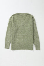 Load image into Gallery viewer, Jungle Green Loose Eyelet V Neck Drop Shoulder Sweater - Fashion Queen - 14