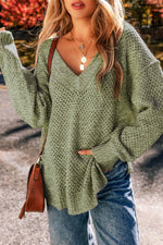 Load image into Gallery viewer, Jungle Green Loose Eyelet V Neck Drop Shoulder Sweater - Fashion Queen - 3
