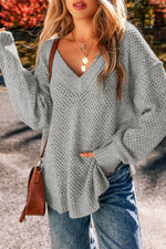 Load image into Gallery viewer, Jungle Green Loose Eyelet V Neck Drop Shoulder Sweater - Fashion Queen - 6