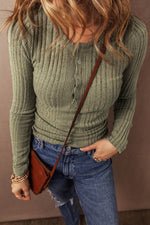 Load image into Gallery viewer, Jungle Green Ribbed Knit Half Button Slim Fit Blouse - Fashion Queen - 4