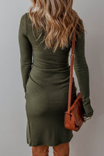 Load image into Gallery viewer, Jungle Green Ribbed Side Slit Ruched Slim Fit Long Sleeve Mini Dress - Fashion Queen - 3