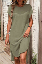 Load image into Gallery viewer, Jungle Green Waffle Texture Curved Hem Side Slit T-shirt Dress - Fashion Queen - 1