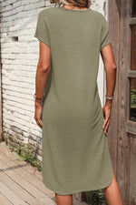Load image into Gallery viewer, Jungle Green Waffle Texture Curved Hem Side Slit T-shirt Dress - Fashion Queen - 2