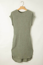 Load image into Gallery viewer, Jungle Green Waffle Texture Curved Hem Side Slit T-shirt Dress - Fashion Queen - 4