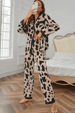 Load image into Gallery viewer, Khaki Cheetah Contrast Trim Loose Fit Two Piece Sleepwear - Fashion Queen - 3