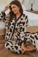 Load image into Gallery viewer, Khaki Cheetah Contrast Trim Loose Fit Two Piece Sleepwear - Fashion Queen - 4