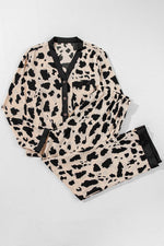 Load image into Gallery viewer, Khaki Cheetah Contrast Trim Loose Fit Two Piece Sleepwear - Fashion Queen - 5