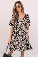 Load image into Gallery viewer, Khaki Cheetah Print Backless V Neck Loose Fit Mini Dress - Fashion Queen - 1