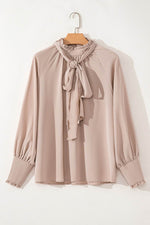 Load image into Gallery viewer, Khaki Frilled Knotted Mock Neck Bishop Sleeve Blouse - Fashion Queen - 10
