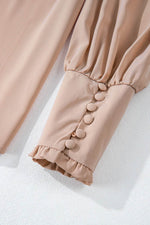 Load image into Gallery viewer, Khaki Frilled Knotted Mock Neck Bishop Sleeve Blouse - Fashion Queen - 15