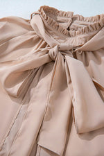Load image into Gallery viewer, Khaki Frilled Knotted Mock Neck Bishop Sleeve Blouse - Fashion Queen - 16