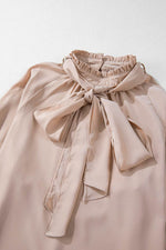 Load image into Gallery viewer, Khaki Frilled Knotted Mock Neck Bishop Sleeve Blouse - Fashion Queen - 17