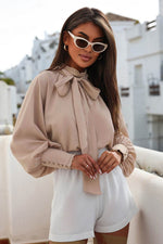 Load image into Gallery viewer, Khaki Frilled Knotted Mock Neck Bishop Sleeve Blouse - Fashion Queen - 3