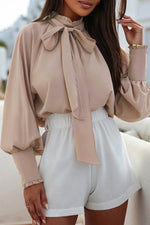 Load image into Gallery viewer, Khaki Frilled Knotted Mock Neck Bishop Sleeve Blouse - Fashion Queen - 5