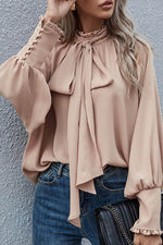 Load image into Gallery viewer, Khaki Frilled Knotted Mock Neck Bishop Sleeve Blouse - Fashion Queen - 6