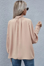 Load image into Gallery viewer, Khaki Frilled Knotted Mock Neck Bishop Sleeve Blouse - Fashion Queen - 7