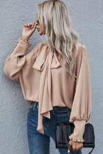 Load image into Gallery viewer, Khaki Frilled Knotted Mock Neck Bishop Sleeve Blouse - Fashion Queen - 8