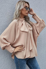 Load image into Gallery viewer, Khaki Frilled Knotted Mock Neck Bishop Sleeve Blouse - Fashion Queen - 9