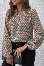 Load image into Gallery viewer, Khaki Geometric Print Notched Neck Puff Sleeve Blouse - Fashion Queen -  4